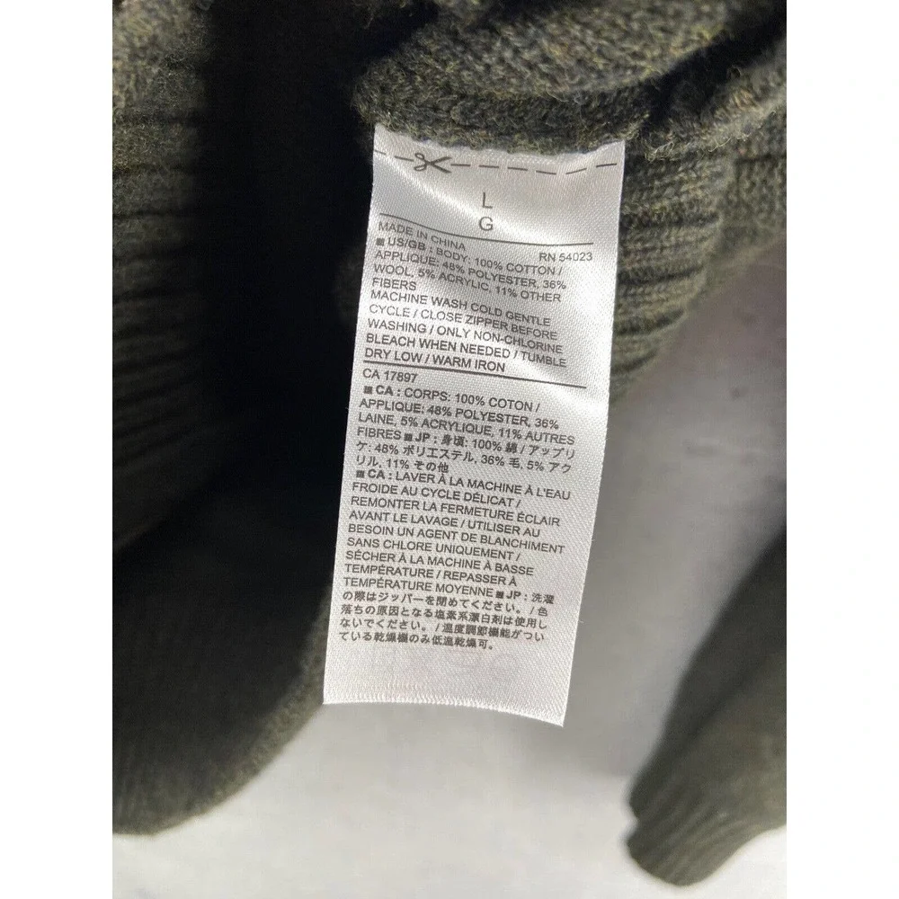 Banana Republic Sweater Men Sz‎ Large Green Gray Wool Full Zip Elbow Patch Cabin